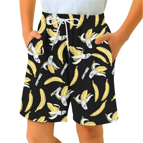 FINALGANG Boys Kids Casual Shorts With Cartoon Banana Print Contrast Drawstring Elastic Waist Loose Fit Side Pockets Beach Shorts For Summer Daily Wear Black 13-14 Years