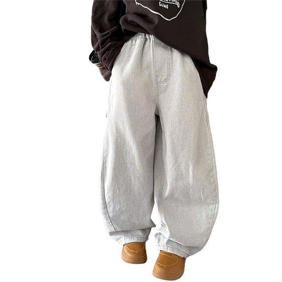 FINALGANG Boys Kids Elastic Waist Light Washed Baggy Jeans Relaxed Barrel Fit Casual Kids Denim Pants For Street Style Everyday Wears Beige 4-5 Years