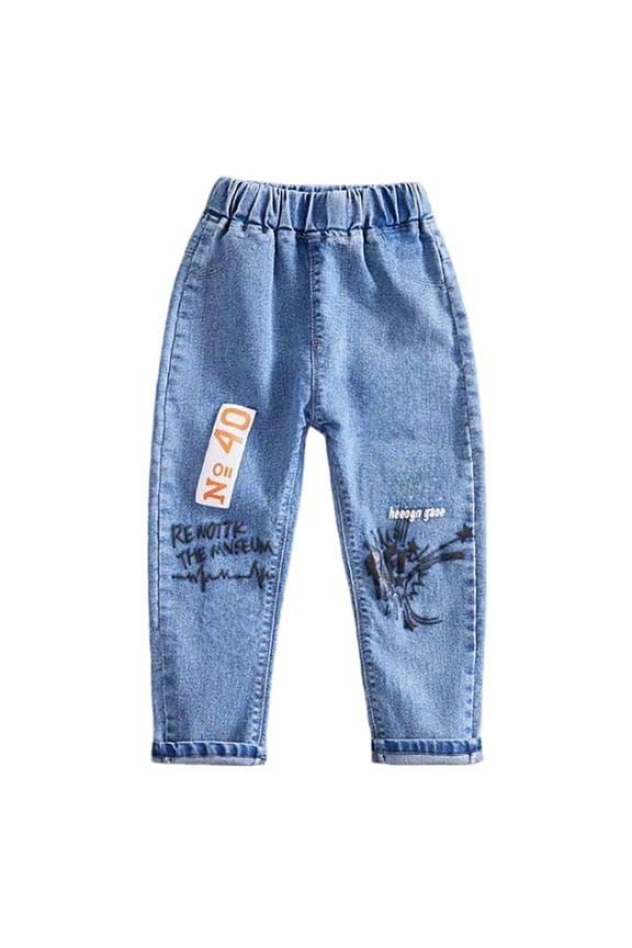 Boys Kids Elastic Waist Straight Leg Jeans With Graffiti Letter Print Rolled Hem Soft Denim Pants For Toddlers Daily Playtime School Outings Casual Wear Soft Trousers