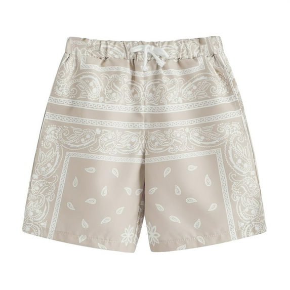 FINALGANG Boys Kids Fashion Casual Print Quick Dry Shorts Elastic Waist Drawstring Loose Fit Lightweight Casual Beach Shorts For Summer Daily Wear Beige 7-8 Years