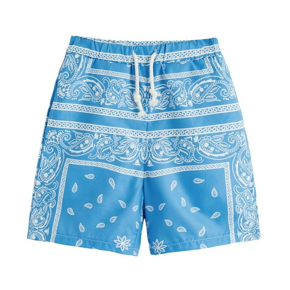 FINALGANG Boys Kids Fashion Casual Print Quick Dry Shorts Elastic Waist Drawstring Loose Fit Lightweight Casual Beach Shorts For Summer Daily Wear Sky Blue 11-12 Years