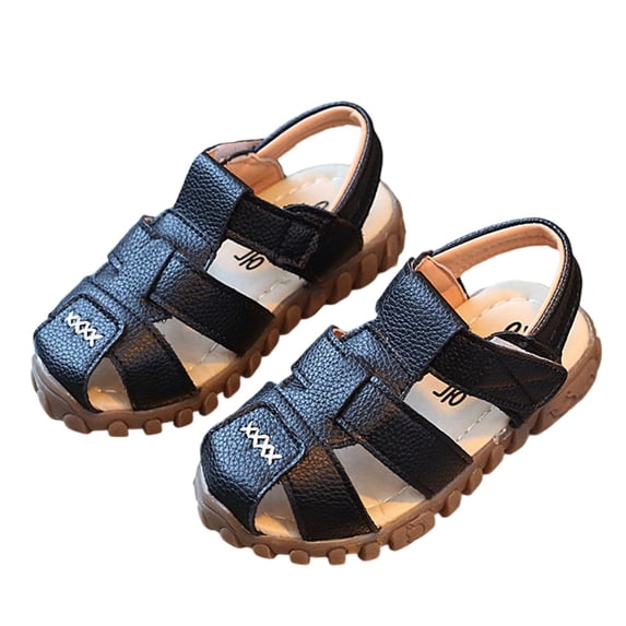 FINALGANG Boys Kids Leather Sandals With Double Hook And Loop Closure Round Toe Soft Lining Anti‑Skid Sole Shoes For Toddler Outdoor Play Daily Wear Versatile Shoes