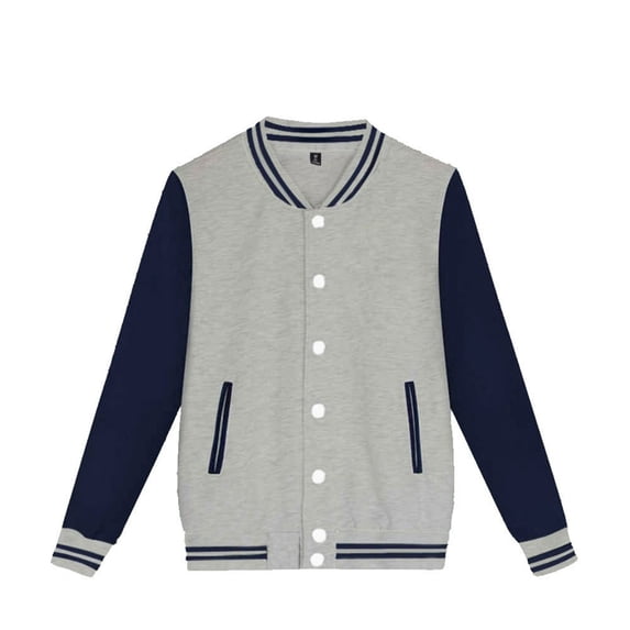 FINALGANG Boys Kids Long Sleeve Color Block Loose Fit Varsity Jacket Striped Rib Collar Hem Button Closure Casual Baseball Coat With Side Pockets For Daily Wear Grey 140