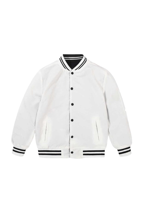 Boys Kids Long Sleeve Varsity Jacket Striped Rib Hem Button Closure Casual Baseball Coat With Side Pockets For Daily Wear Black 9-10