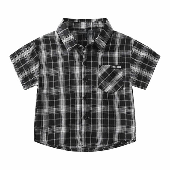 FINALGANG Boys Kids Plaid Button Down Shirt With Spread Collar Short Sleeve Labeled Bust Pocket Casual Fit Top For Kids Daily Wear School Activities Casual Outings Classic Top