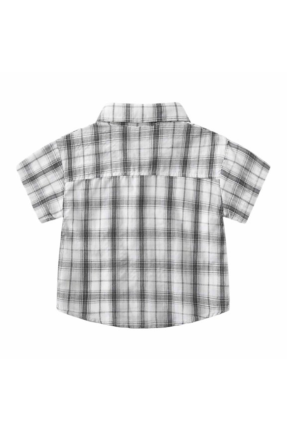 Boys Kids Plaid Button Down Shirt With Spread Collar Short Sleeve Labeled Bust Pocket Casual Fit Top For Kids Daily Wear School Activities Casual Outings Classic Top