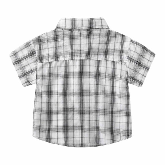 FINALGANG Boys Kids Plaid Button Down Shirt With Spread Collar Short Sleeve Labeled Bust Pocket Casual Fit Top For Kids Daily Wear School Activities Casual Outings Classic Top