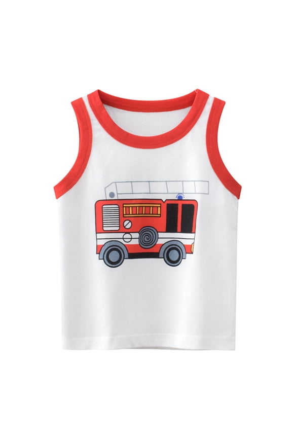 Boys Kids Round Neck Sleeveless Tank Top With Cartoon Rocket Print Contrast Trim Casual Top For Toddlers Summer Daily Wear Playtime Activities Cozy Top