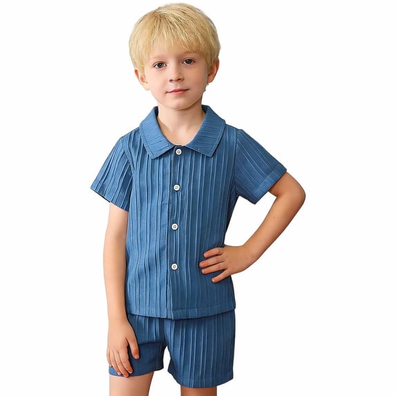 FINALGANG Boys Kids Solid Color Collared Two Piece Short Sleeve Button Up Shirt Matching Shorts Lightweight Breathable Set For Summer Casual Wear Versatile Set