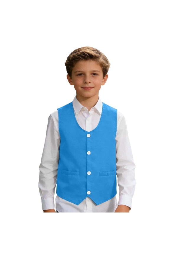 Boys Kids Solid Color Formal Vest With Button Closure V Neck Side Pockets Sleeveless Waistcoat For Special Occasions Daily Wear Blue 5-6 Years