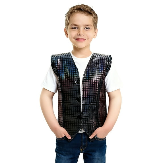 FINALGANG Boys Kids Solid Color Iridescent Sequin Grid Sleeveless Vest With V Neck Button Closure Shiny Metallic Party Top For Stage Performances Black 5-6 Years