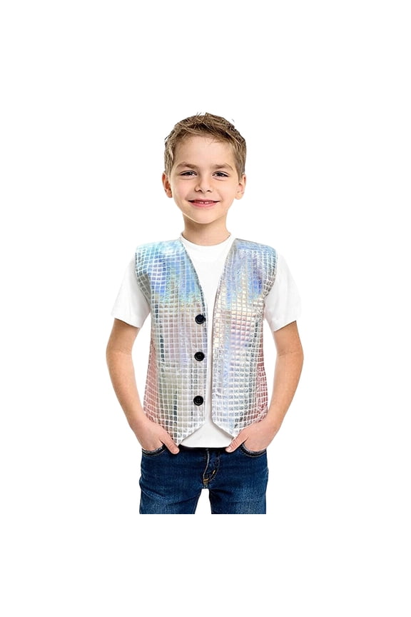 Boys Kids Solid Color Iridescent Sequin Grid Sleeveless Vest With V Neck Button Closure Shiny Metallic Party Top For Stage Performances Silver 7-8 Years