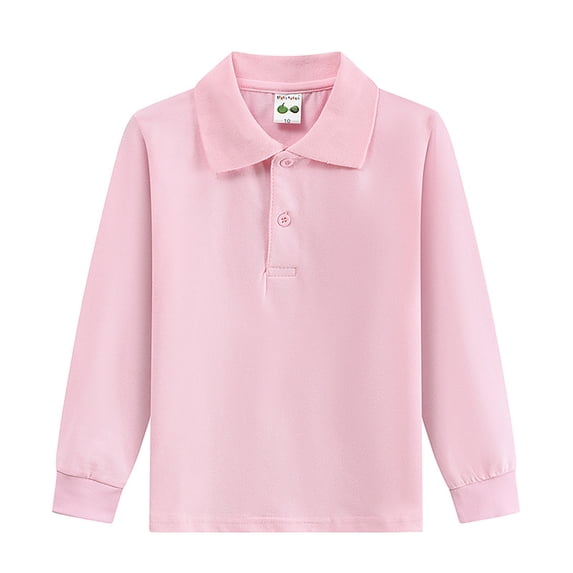FINALGANG Boys Kids Solid Color Long Sleeve Polo Shirt Button Closure Relaxed Fit Casual Top For School Daily Wear Pink 13-14 Years