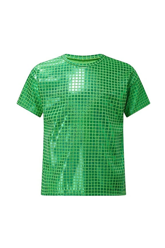 Boys Kids Solid Color Metallic Sequin Grid TShirts Short Sleeve CrewNeck Shiny Inspired Casual Tees For Party Wear Streetwear Classic Top