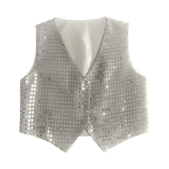 FINALGANG Boys Kids Solid Color Sequin Cropped Vest Sleeveless V Neck Button Closure Shiny Formal Waistcoat For Party Special Occasions White 8-9 Years
