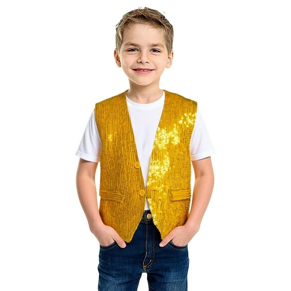 FINALGANG Boys Kids Solid Color Sleeveless Vest With Sequin Panel V Neck Button Closure Formal Party Top For Special Occasions Stage Performances Gold 1-3Years