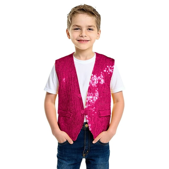 FINALGANG Boys Kids Solid Color Sleeveless Vest With Sequin Panel V Neck Button Closure Formal Party Top For Special Occasions Stage Performances Pink 3-5Years