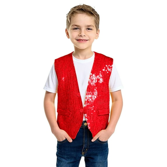 FINALGANG Boys Kids Solid Color Sleeveless Vest With Sequin Panel V Neck Button Closure Formal Party Top For Special Occasions Stage Performances Red 3-5Years