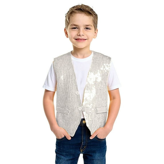 FINALGANG Boys Kids Solid Color Sleeveless Vest With Sequin Panel V Neck Button Closure Formal Party Top For Special Occasions Stage Performances White 3-5Years