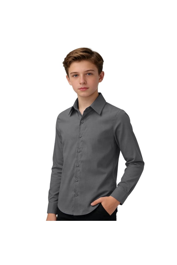 Boys Kids Solid Color Spread Collar Long Sleeve Button Down Dress Shirt Casual Slim Fit Top For School Uniforms Formal Occasions Classic Top