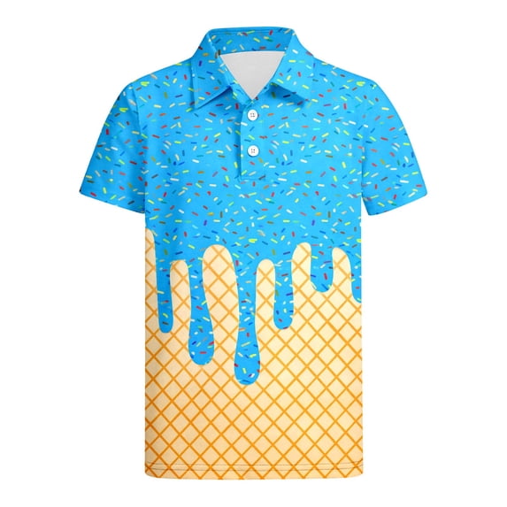 FINALGANG Boys Kids Ice Cream Print Short Sleeve Polo Shirt Button Down Collar Casual Breathable Summer Golf Shirt For Daily Wear Outdoor Activities Stylish Shirt