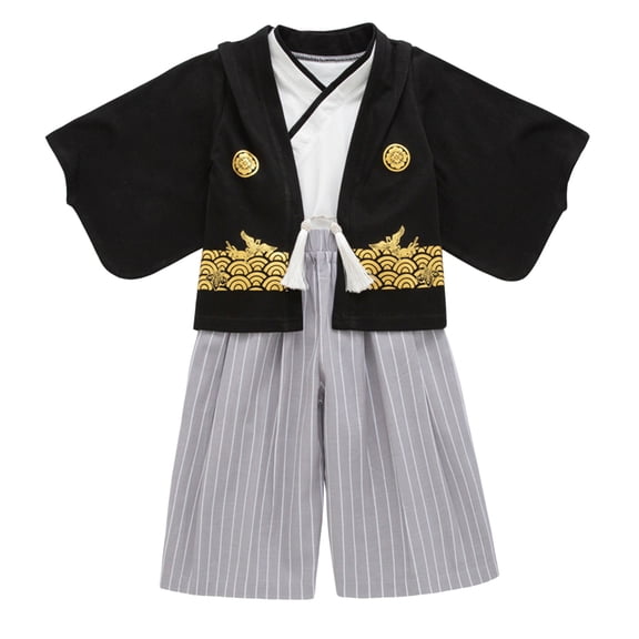 FINALGANG Boys Kids Traditional Kimono Style Outfit Set With Print Haori White Undershirt Striped Wide Leg Hakama Pants For Festivals Performances Special Occasions Soft Outfit