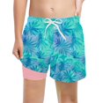 thumbnail image 1 of FINALGANG Boys Kids Two In One Leaf Print Swim Trunks With Quick Dry Elastic Waist Drawstring Slim Fit Liner Summer Beach Board Shorts For Beach Vacation Sky Blue 8 Years, 1 of 4