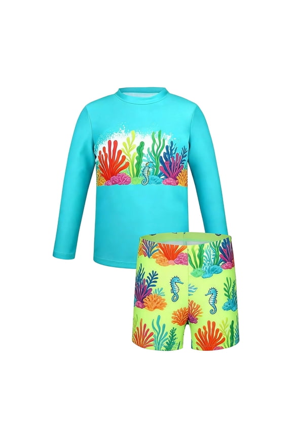 Boys Kids Two Piece Long Sleeve Rash Guard Swimsuit Set With Cartoon Print Sun Protection Quick Dry Bathing Suit For Summer Beach Vacation Blue 11-12 Years