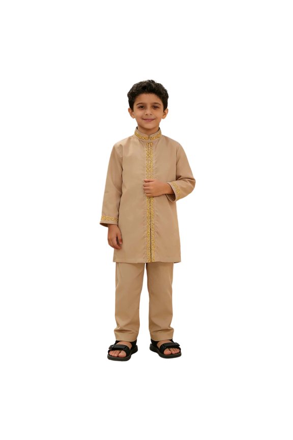 Boys Kids Two Piece Traditional Outfit Set Long Sleeve Embroidered Stand Collar Tunic Matching Long Pants Casual Set For Holiday Daily Wear Classic Outfit