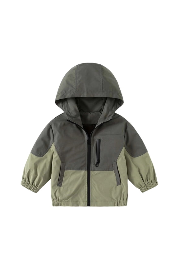 Boys Kids Two Tone Hooded Jacket Color Block Windproof Full Zip Closure Casual Outdoor Coat With Multiple Pockets For Outdoor Daily Wear Army Green 5-6 Years