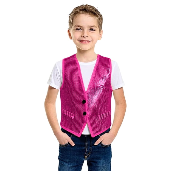 FINALGANG Boys Kids V Neck Sleeveless Sequin Vest With Button Front Pockets Casual Solid Color Waistcoat For Party Performance Special Occasions Cozy Top