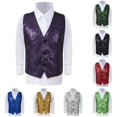 thumbnail image 1 of FINALGANG Boys Kids V Neck Sleeveless Three Button Dual Pocket Sequin Regular Fit Formal Performance Waistcoat For Kids Performance Holiday Daily Wear Fashion Top Purple 11-12 Years, 1 of 4