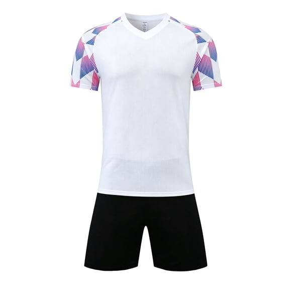 FINALGANG Boys Kids V Neck Soccer Uniform Set With Geometric Print Short Sleeve Quick Dry Top Matching Shorts Breathable Sportswear For Training Matches Outdoor Activities Classic Outfit