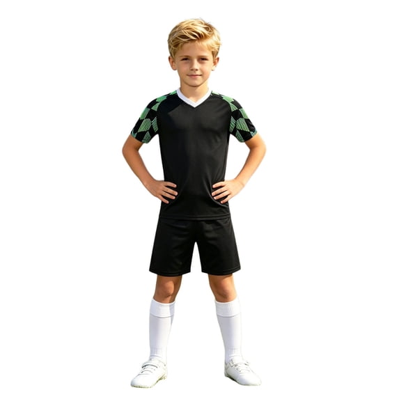 FINALGANG Boys Kids V Neck Soccer Uniform Set With Geometric Print Short Sleeve Quick Dry Top Matching Shorts Breathable Sportswear For Training Matches Outdoor Activities Trendy Outfit