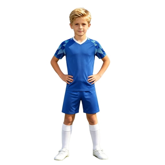 FINALGANG Boys Kids V Neck Soccer Uniform Set With Geometric Print Short Sleeve Quick Dry Top Matching Shorts Breathable Sportswear For Training Matches Outdoor Activities Cozy Outfit
