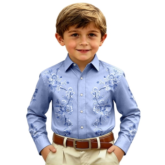 FINALGANG Boys Long Sleeve Dress Shirts Printed Casual Button Up Tops For Kids Western Cowboy Shirt Stylish Regular Fit Shirt Lightweight Party Tops 10-11 Years