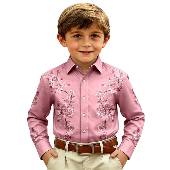 FINALGANG Boys Long Sleeve Dress Shirts Printed Casual Button Up Tops For Kids Western Cowboy Shirt Stylish Regular Fit Shirt Lightweight Party Tops 12-13 Years