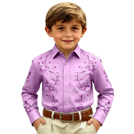 FINALGANG Boys Long Sleeve Dress Shirts Printed Casual Button Up Tops For Kids Western Cowboy Shirt Stylish Regular Fit Shirt Lightweight Party Tops 4-5 Years