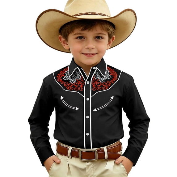 FINALGANG Boys Long Sleeve Shirts Kids Western Cowboy Shirt Printed Regular Fit Casual Shirts For Boys Button Down Shirt Western Festival Party Tops 4-5 Years