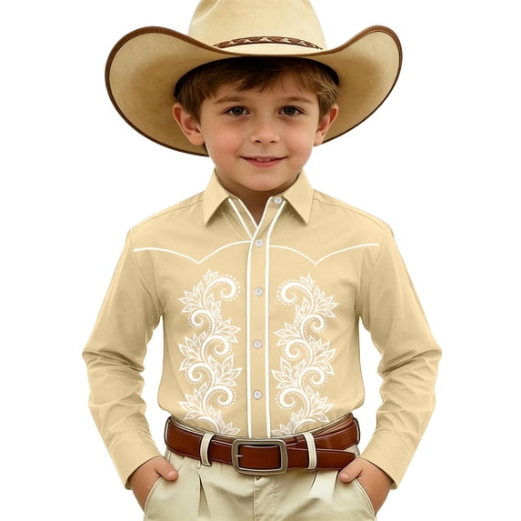 FINALGANG Boys Long Sleeve Shirts Printed Western Cowboy Shirt For Kids Festival Party Tops Boys' Regular Fit Casual Button Down Shirts 4-5 Years