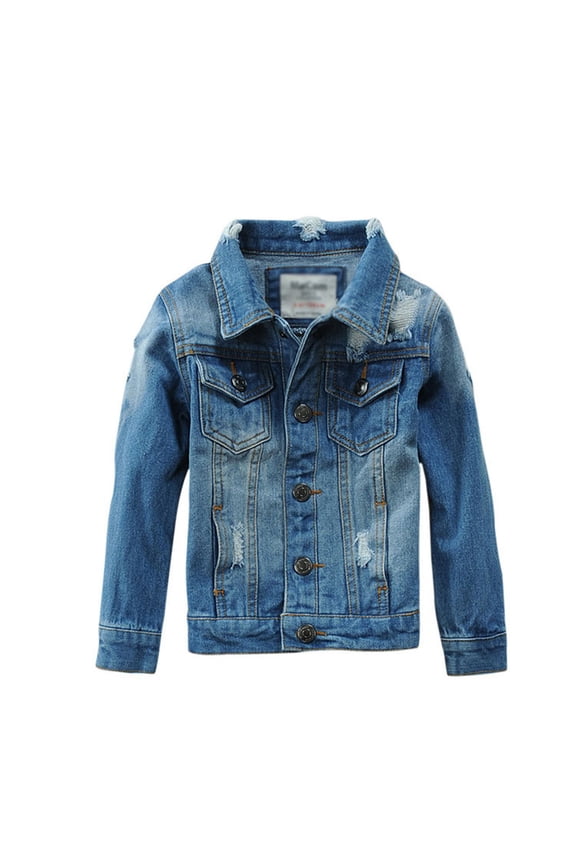 Boys Ripped Jean Jacket Warm Long Sleeve Turndown Collar Button Distressed Denim Coat With Pockets Boys Casual Holiday Party Camping Jacket,Blue,100