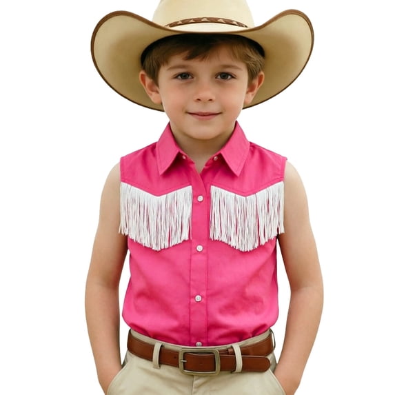 FINALGANG Boys Shirts Kids Western Cowboy Shirt Girls Fringe Shirt Button Down Cowgirl Outfits Sleeveless Casual Blouse 70S Festival Party Tops 9-10 Years