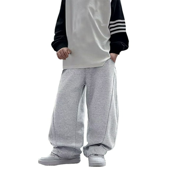 FINALGANG Boys Sports Pants Solid Color Elastic Waist Drawstring Straight Wide Leg Sweatpants Joggers Trousers With Pockets Child Comfort Birthday Wedding Weekend Pants,Grey,130