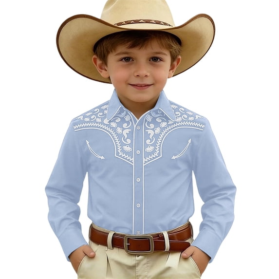 FINALGANG Boys Western Shirt Print Retro Long Sleeve Button Down Shirts For Kids Boy's Western Cowboy Shirt Regular Fit Blouses Party Wear 6-7 Years