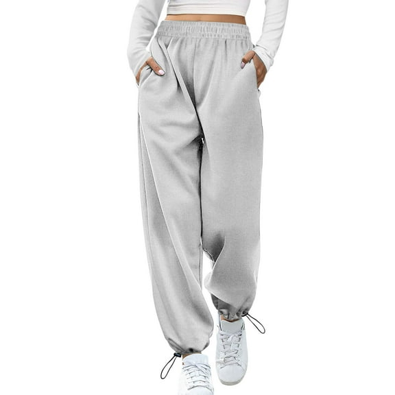 FINALGANG Casual Trousers For Women Solid Color Elastic Waistband Wide Leg Sweatpants Ankle-Tied Pants With Pockets Suitable For Various Occasions