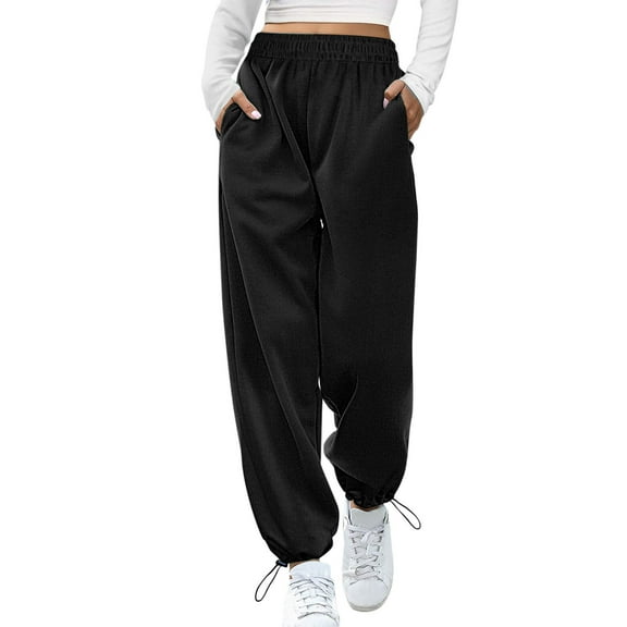 FINALGANG Casual Trousers For Women Solid Color Elastic Waistband Wide Leg Sweatpants Ankle-Tied Pants With Pockets Suitable For Various Occasions