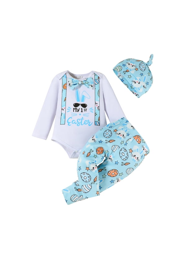 Easter Boys 3 Piece Jumpsuit Outfit Letter Print Long Sleeve Crewneck Romper Cartoon Print Pants Matching Hat For Daily Casual Outdoor Wear Cute Set