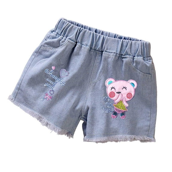 FINALGANG Girl Leisure Shorts Cartoon Print Embroidery Denim Shorts Elastic Waistband Loose Bottom With Pockets For 2-4 Years Relaxed Fit Soft Daily Wear