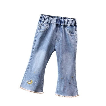 FINALGANG Girl Lovely Pants Cartoon Print Elastic Waistband Slim Fit Jeans Flared Leg Denim Trousers With Pockets For 3-13 Years Durable Skin Friendly Fabric For Kid