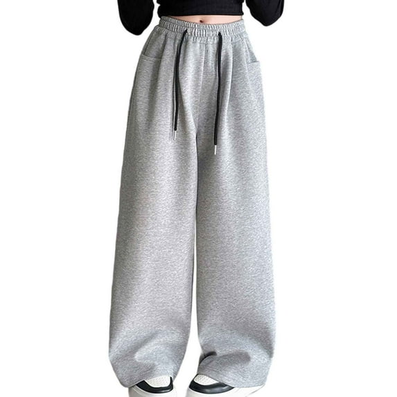 FINALGANG Girl Lovely Pants Solid Color Straight Leg Drawstring Slacks Wide Leg Sweatpants With Pockets For 5-14 Years Relaxed Fit Soft Daily Wear